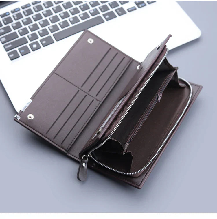 Long Leather Wallet with Zipper Phone Pocket